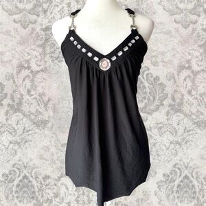 Black Rhinestone Summer Flowy Racerback Y2K 2000s Women’s Small Tank Top